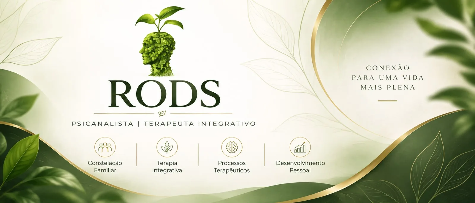 Arte da marca RODS com os ícones Constelação Familiar, Terapia Integrativa, Processos Terapêuticos e Desenvolvimento Pessoal