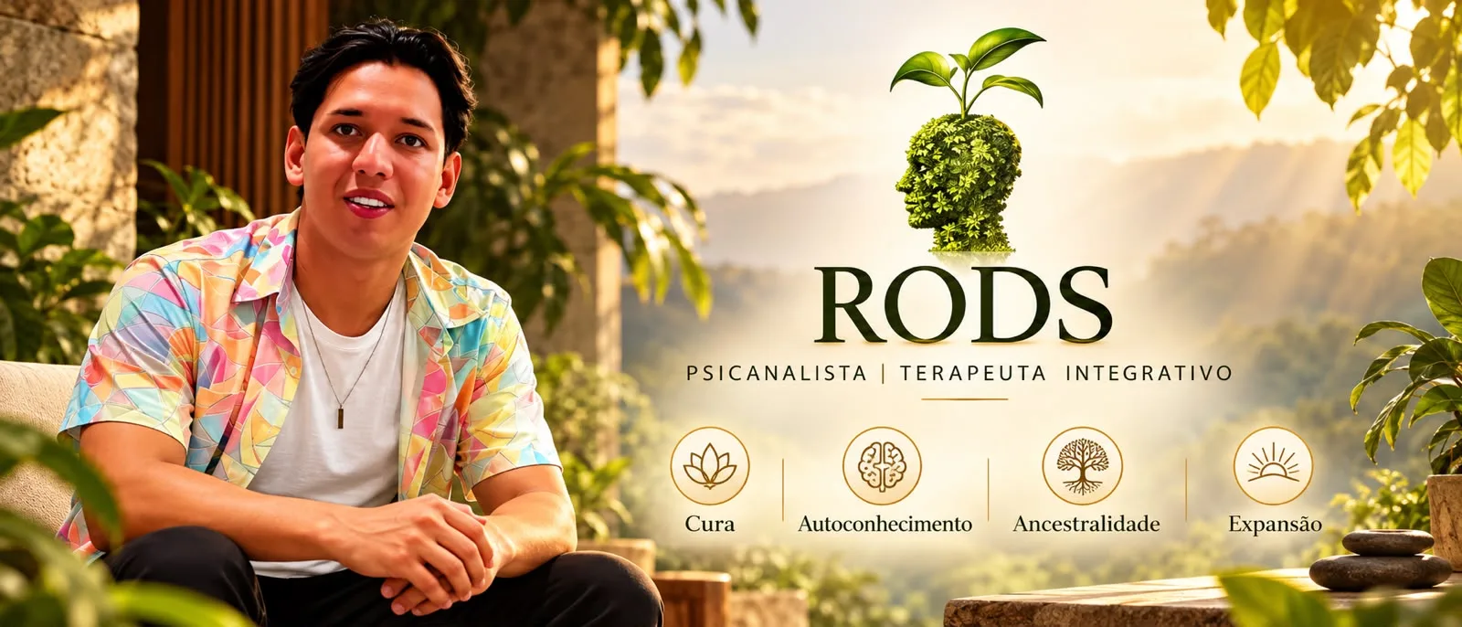 RODS sentado, com a paisagem ao fundo, o logo RODS e os ícones Cura, Autoconhecimento, Ancestralidade e Expansão